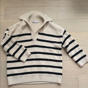 Zara V-Neck Sweater - Cream and Black Stripes